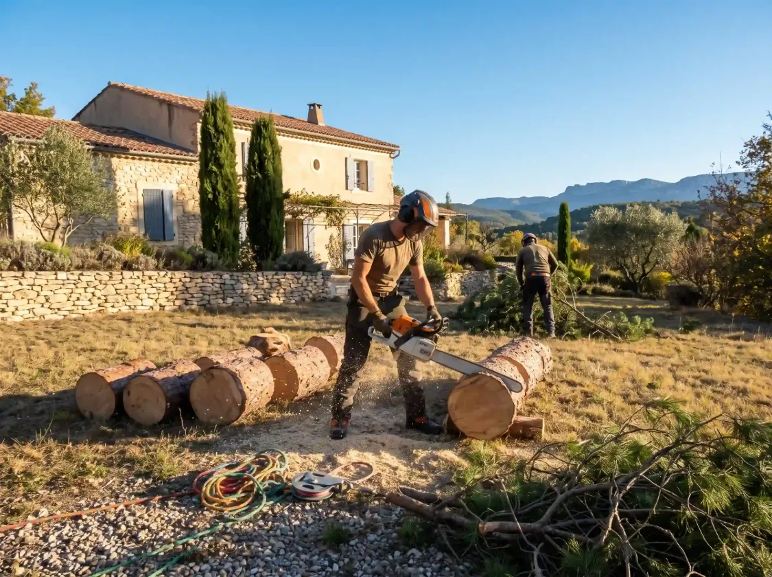 Artisan qui débite à la tronçonneuse le tronc d’un pin abattu, devant un mas en pierre bordé de cyprès