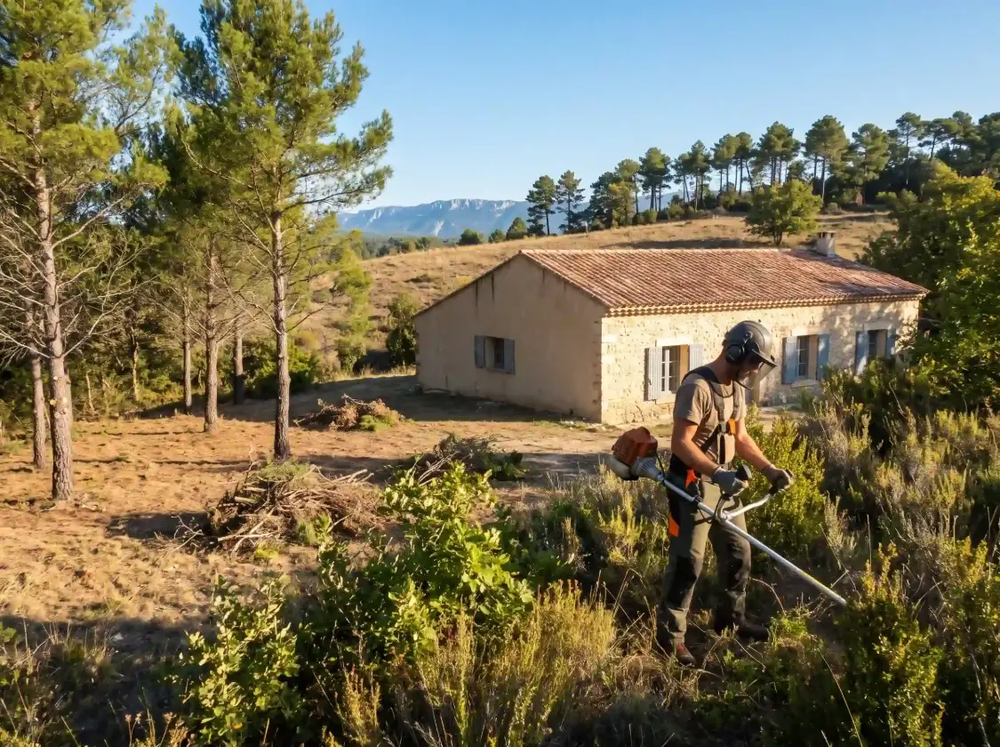 Artisan qui débroussaille à la débroussailleuse autour d’une maison provençale en pierre, sous les pins, avec les montagnes en fond