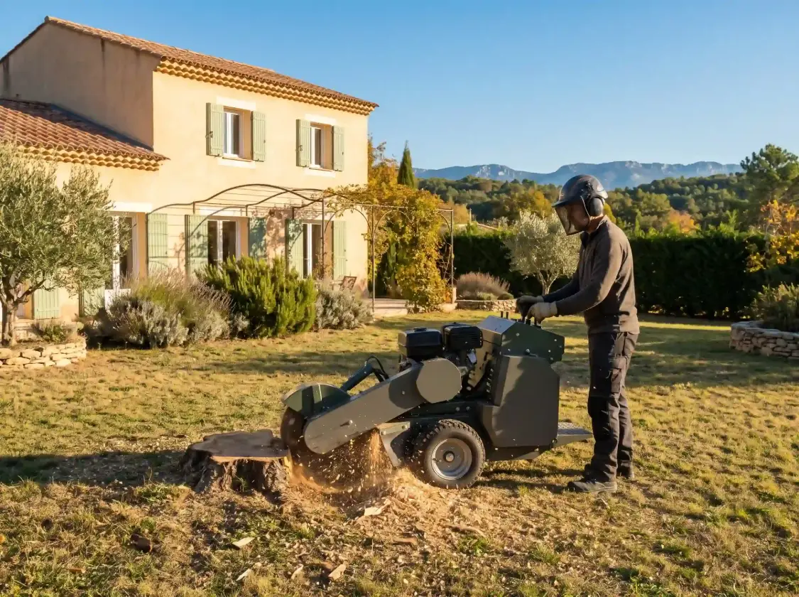Rogneuse qui broie une souche dans une pelouse sèche, devant une maison provençale aux volets verts