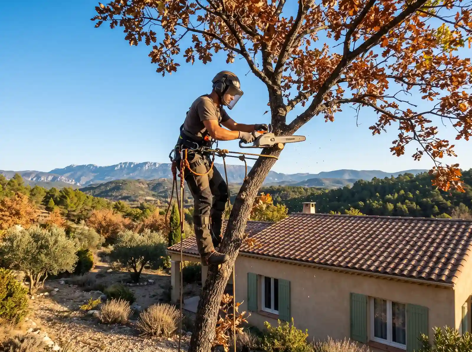 Élagueur encordé qui coupe une branche de chêne pubescent à la tronçonneuse, au-dessus d’une maison provençale aux volets verts
