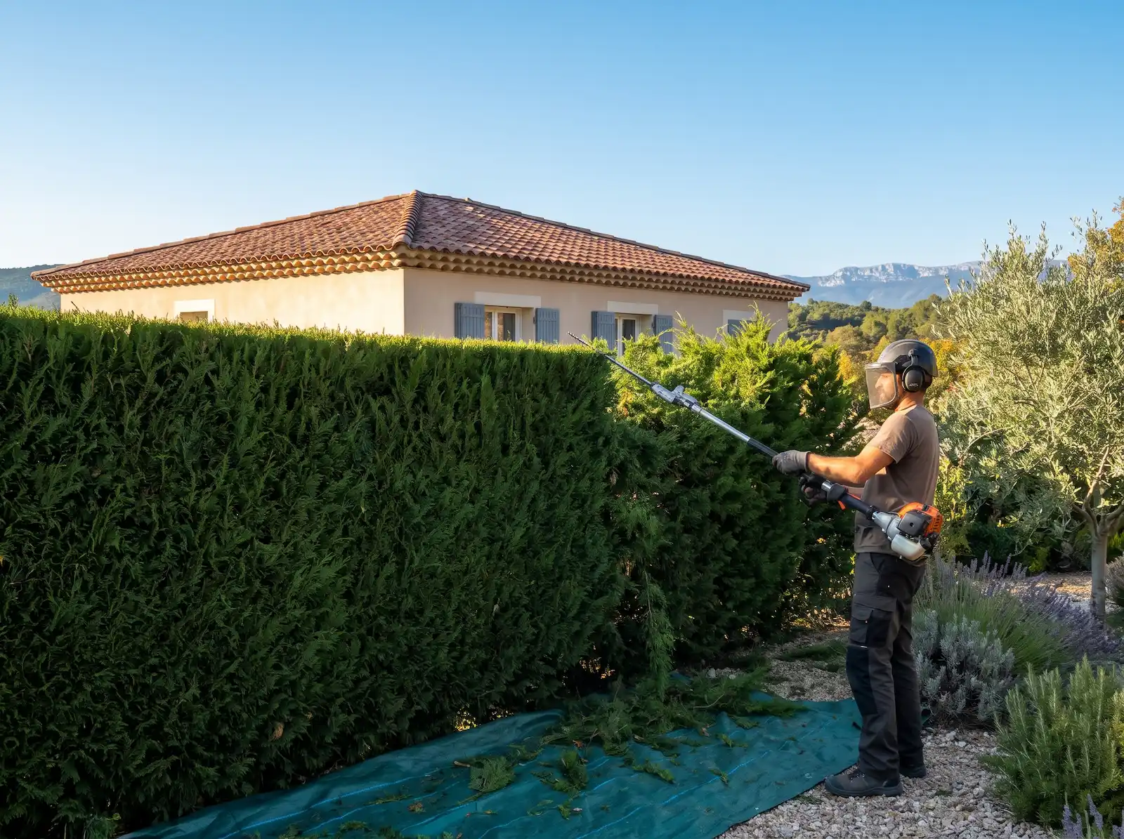 Taille du dessus d’une haie de cyprès au taille-haie sur perche, devant une maison provençale